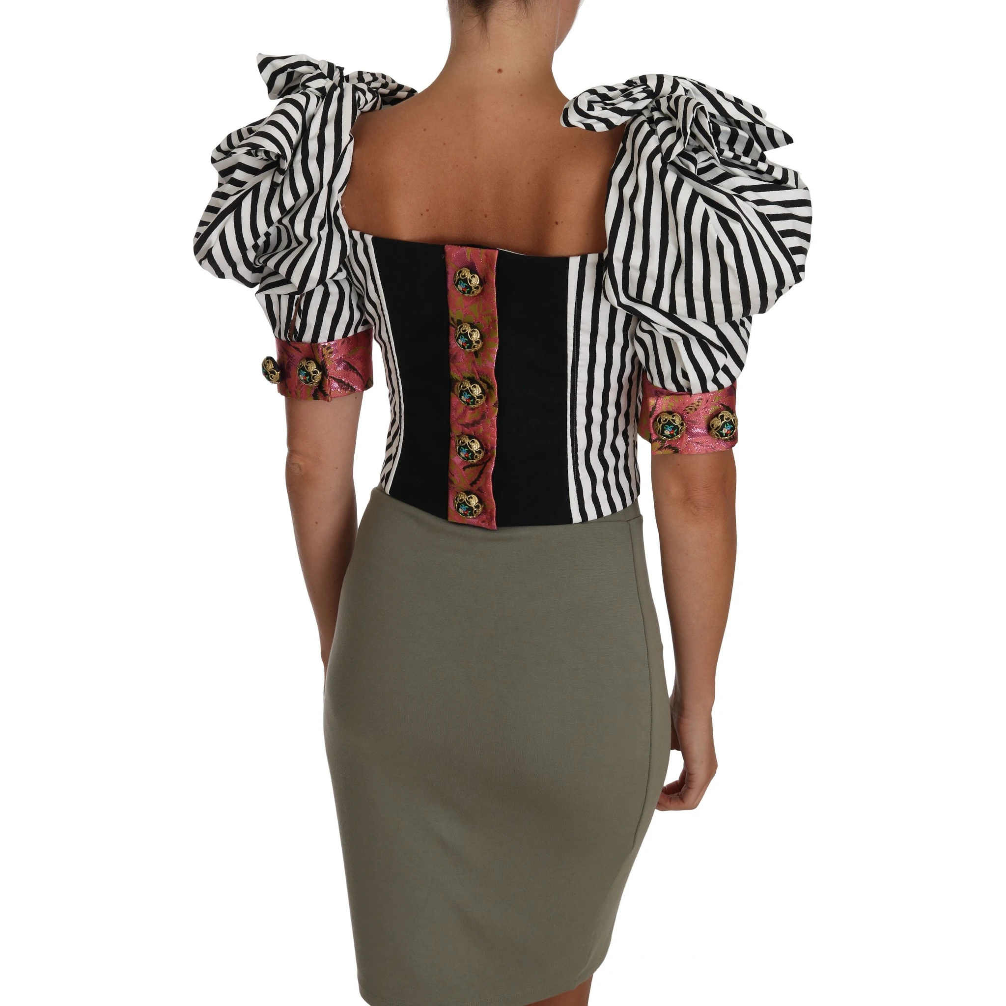 White Black Striped Cropped Top Puff Sleeve Shirts