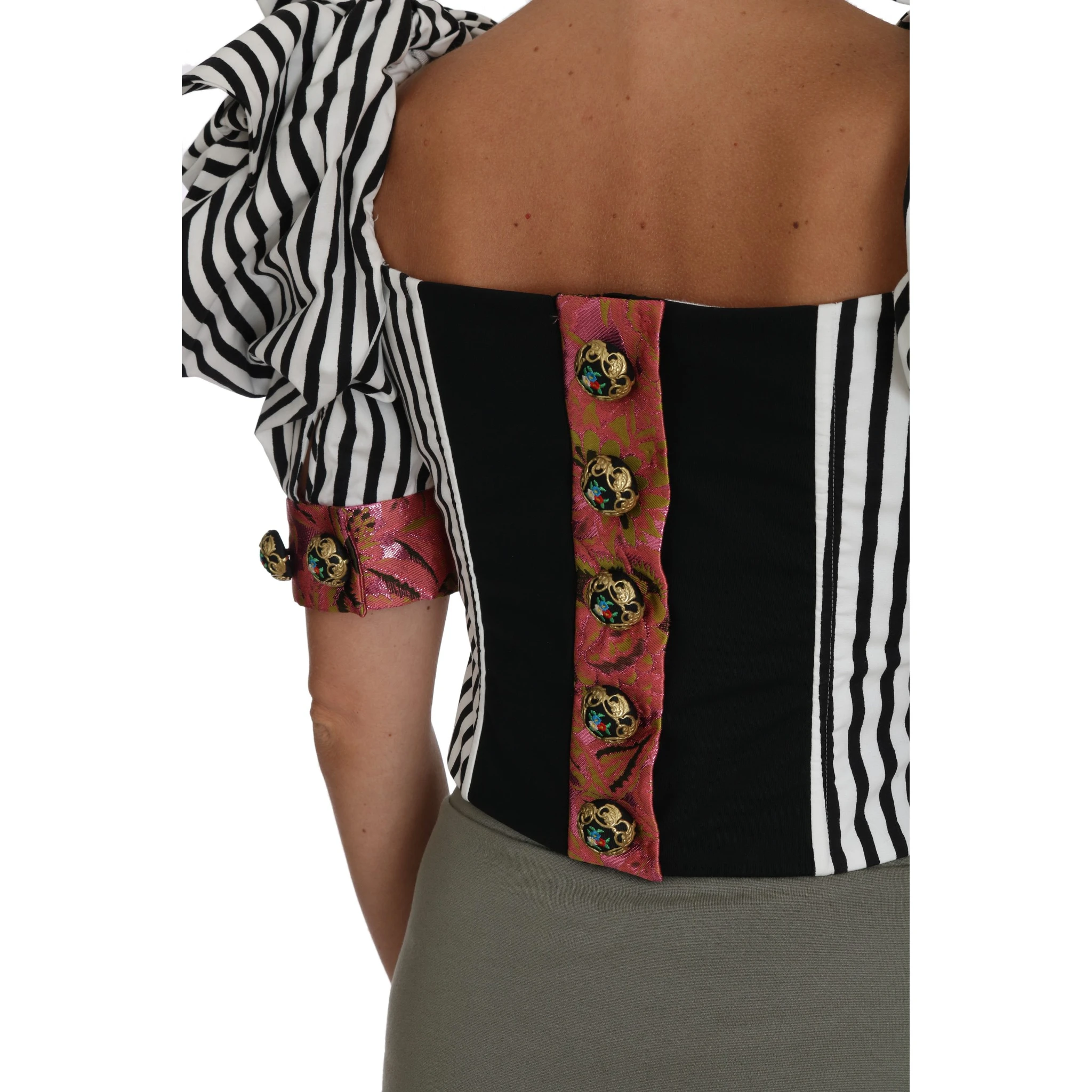 White Black Striped Cropped Top Puff Sleeve Shirts