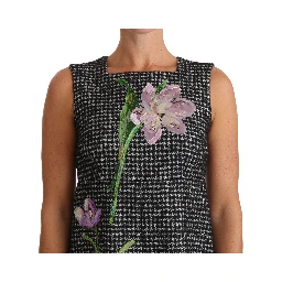 Gray Houndstooth Floral Appliqué Shift Mini Dress