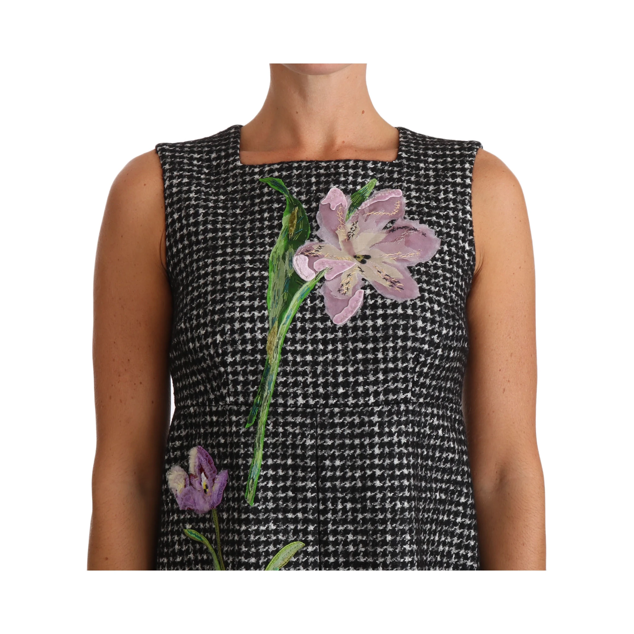 Gray Houndstooth Floral Appliqué Shift Mini Dress