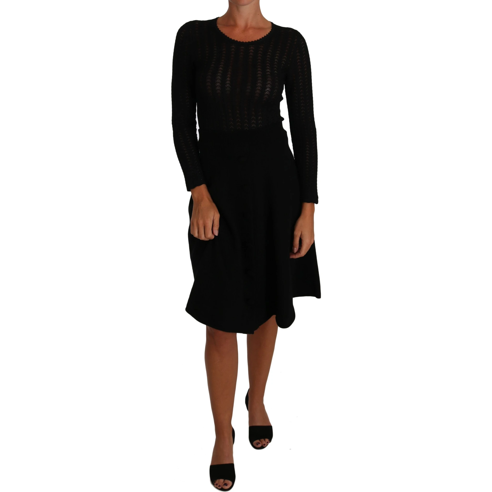 Black Knitted Wool Sheath Long Sleeves Dress