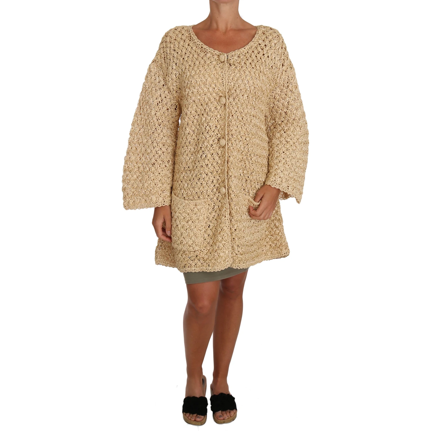 Beige Cardigan Crochet Knitted Raffia Sweater