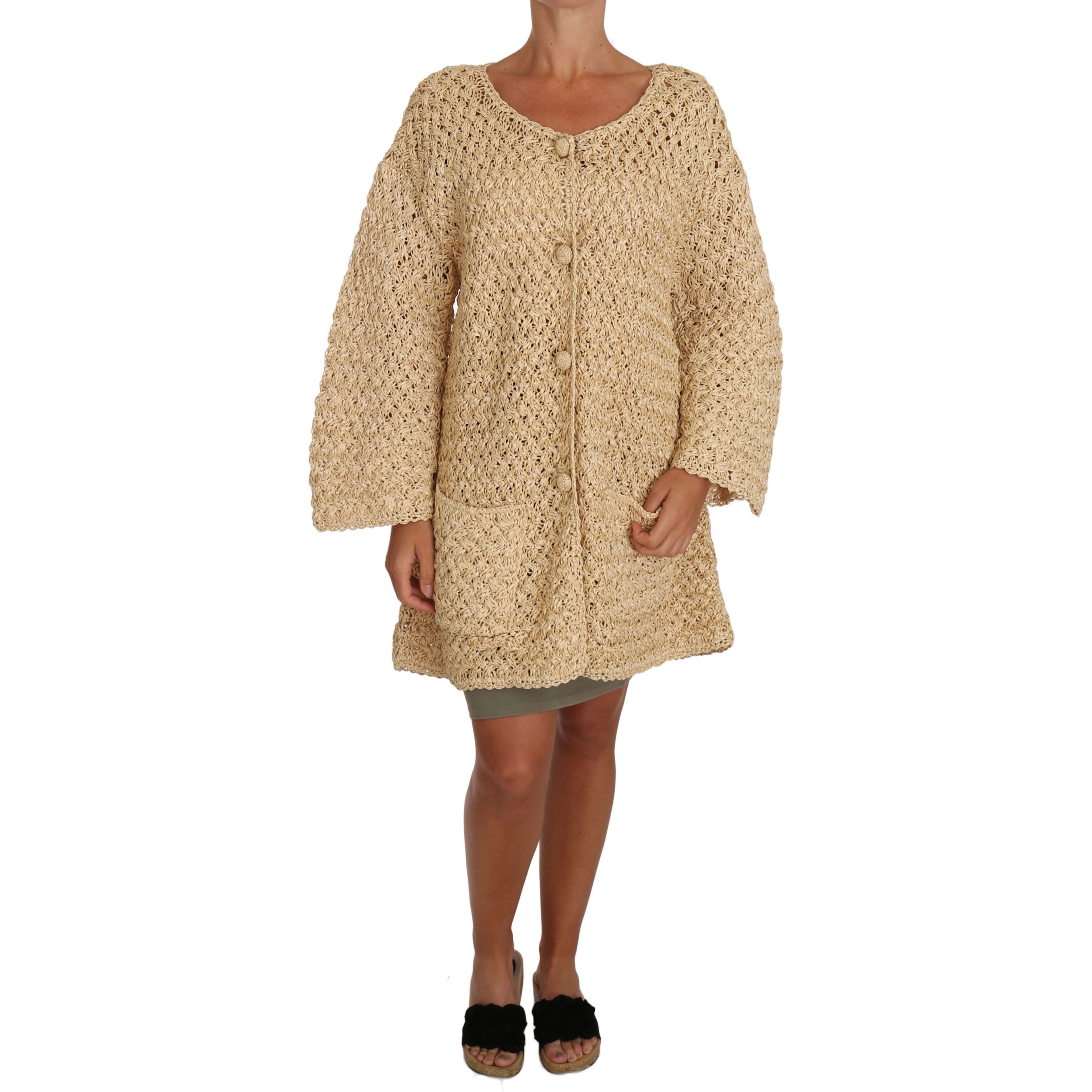 Beige Cardigan Crochet Knitted Raffia Sweater
