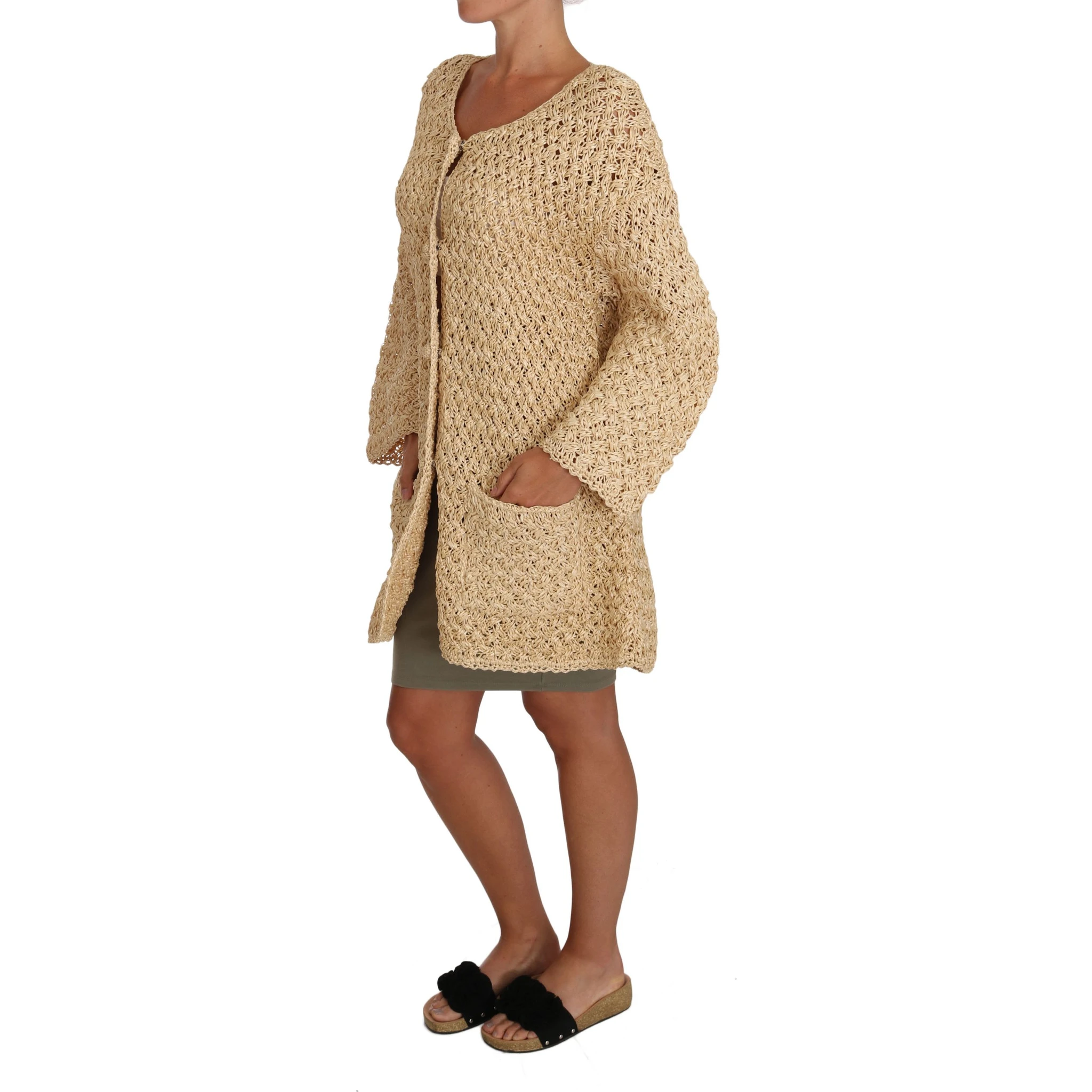 Beige Cardigan Crochet Knitted Raffia Sweater