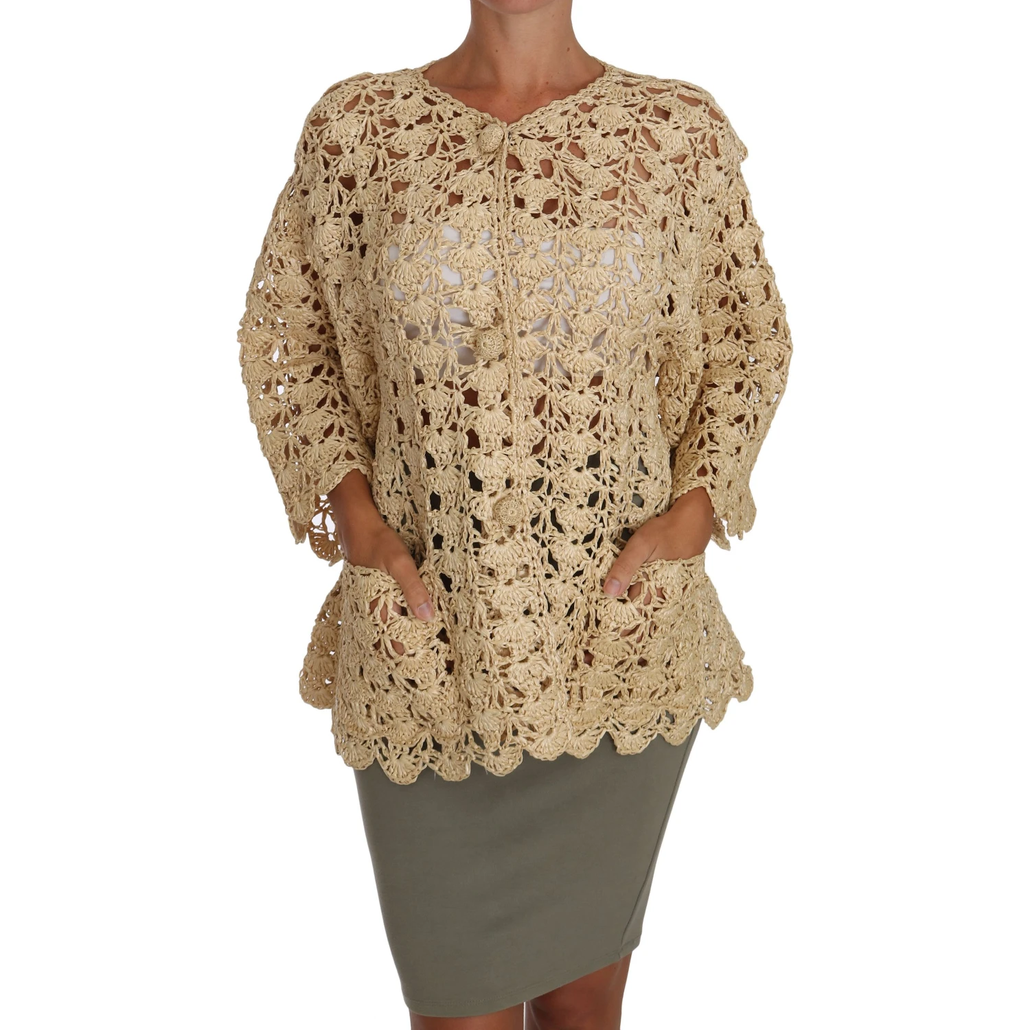 Beige Cardigan Crochet Knitted Raffia Sweater