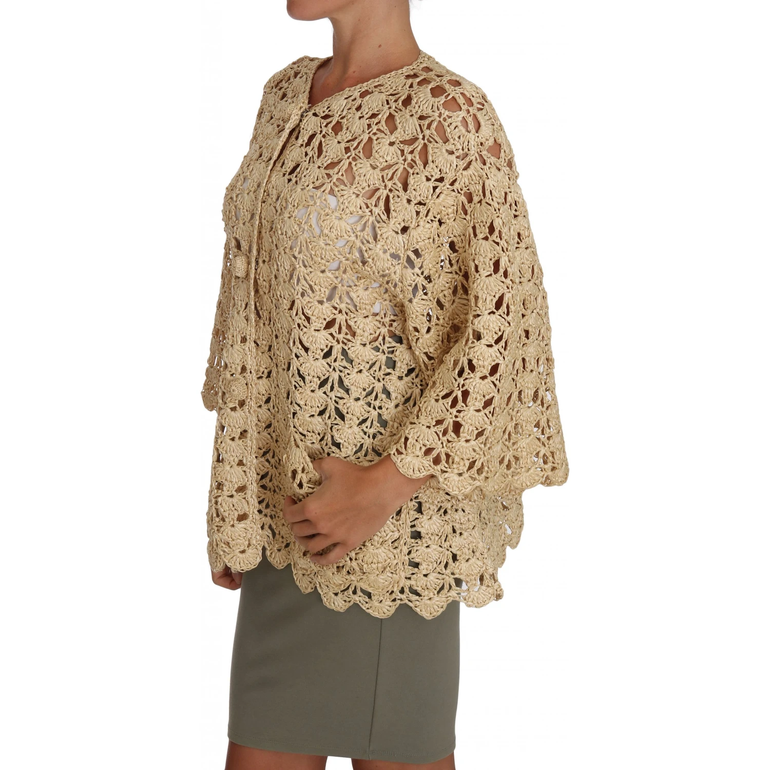 Beige Cardigan Crochet Knitted Raffia Sweater