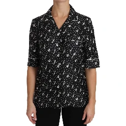 Black GuitarTrumpet Print Silk Shirt Top