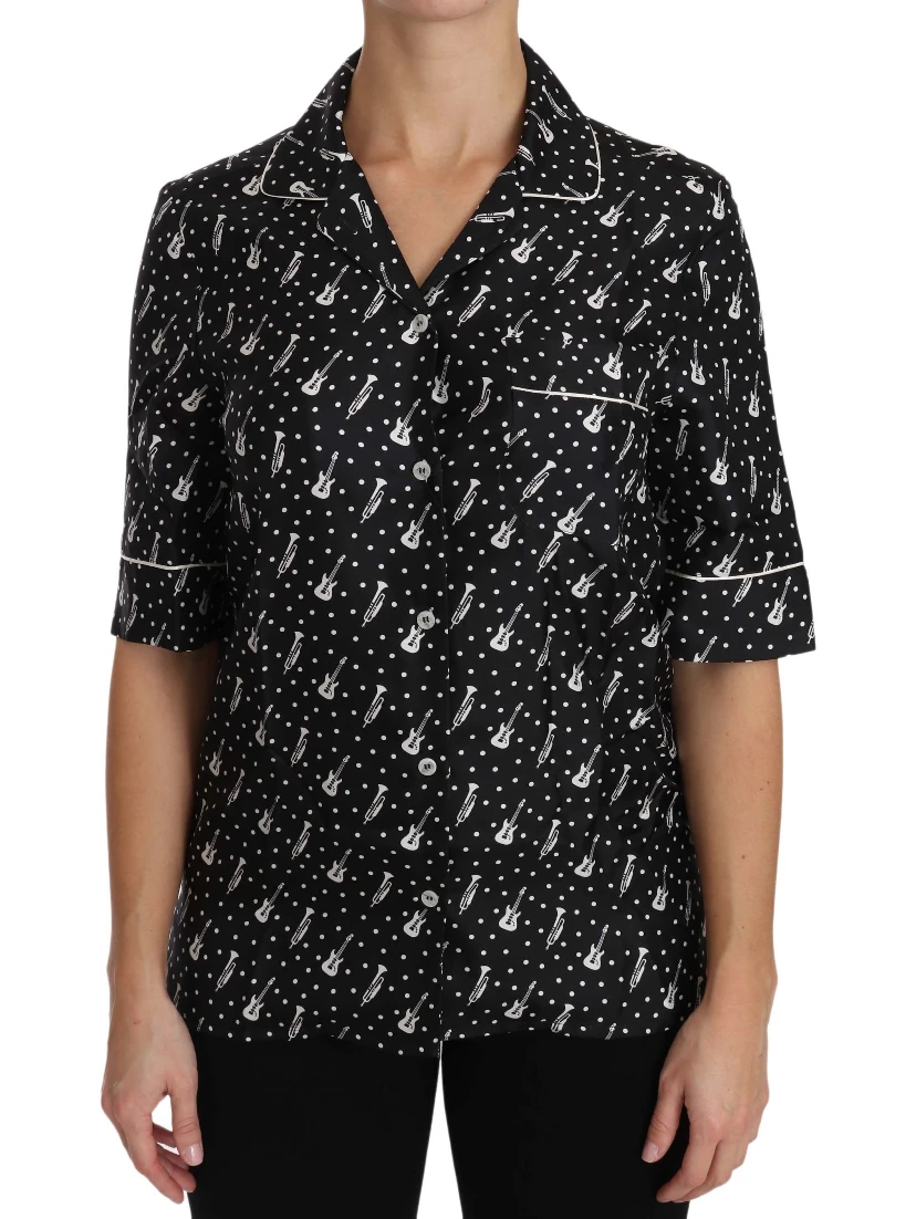 Black GuitarTrumpet Print Silk Shirt Top