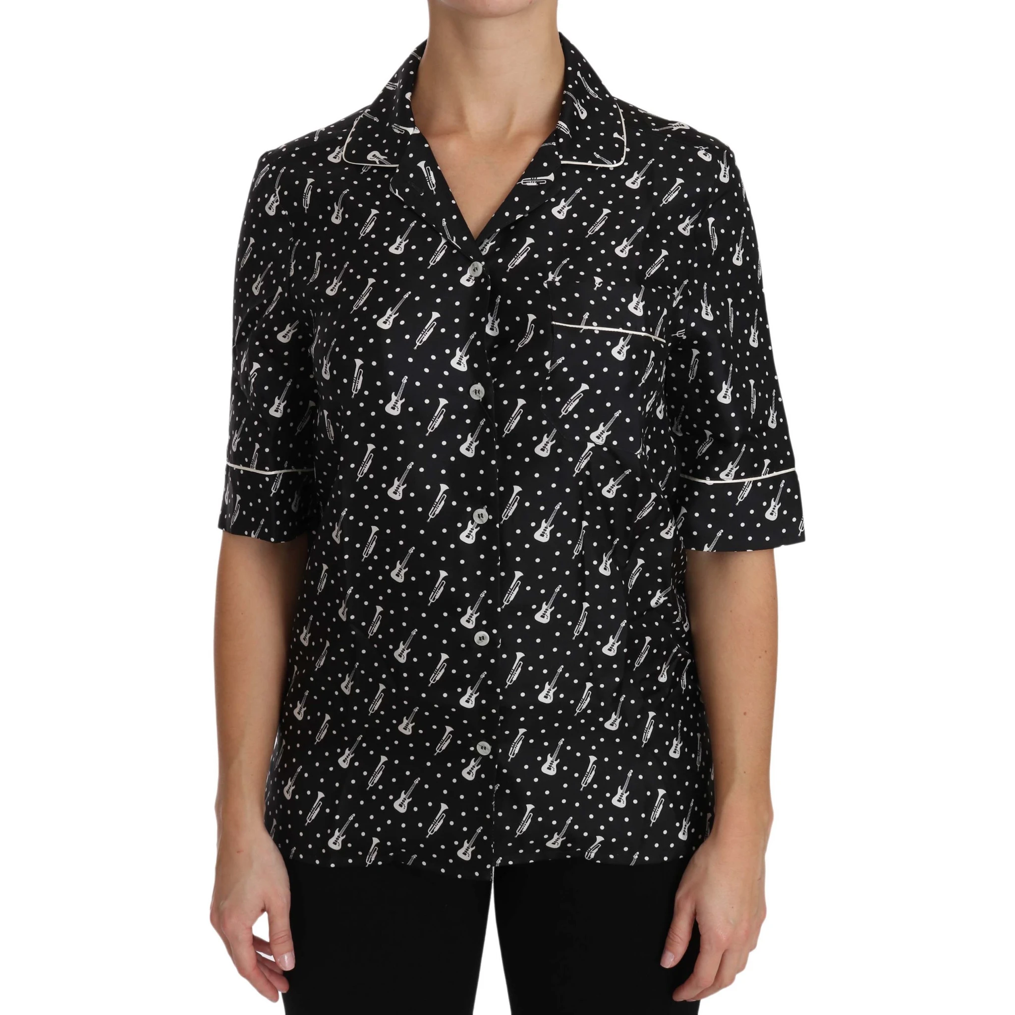 Black GuitarTrumpet Print Silk Shirt Top
