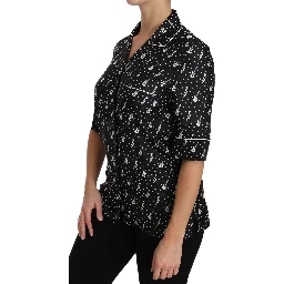Black GuitarTrumpet Print Silk Shirt Top