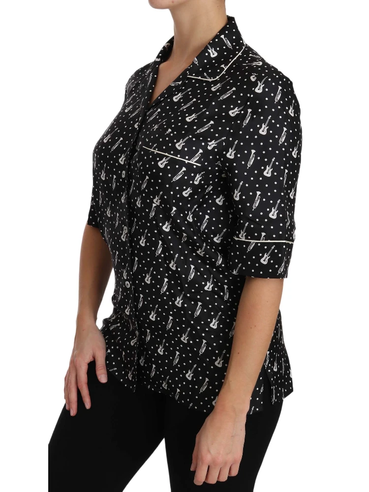 Black GuitarTrumpet Print Silk Shirt Top alternative