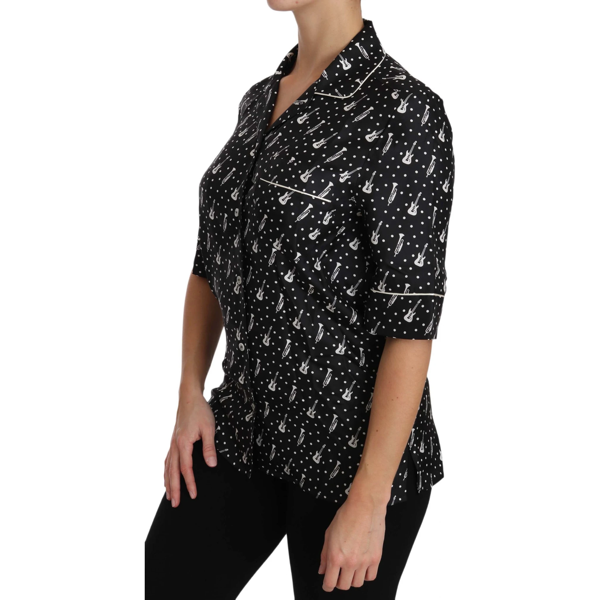 Black GuitarTrumpet Print Silk Shirt Top