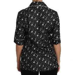 Black GuitarTrumpet Print Silk Shirt Top