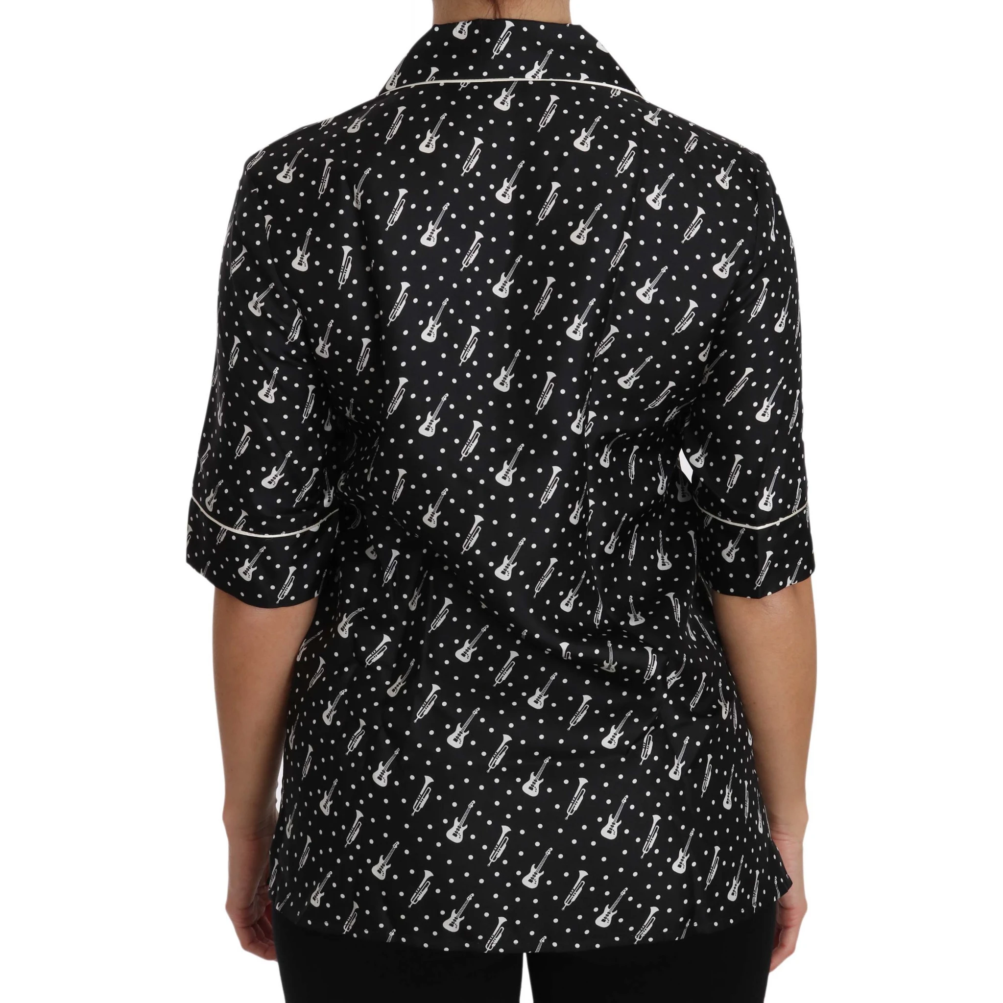 Black GuitarTrumpet Print Silk Shirt Top