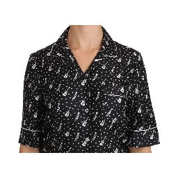 Black GuitarTrumpet Print Silk Shirt Top
