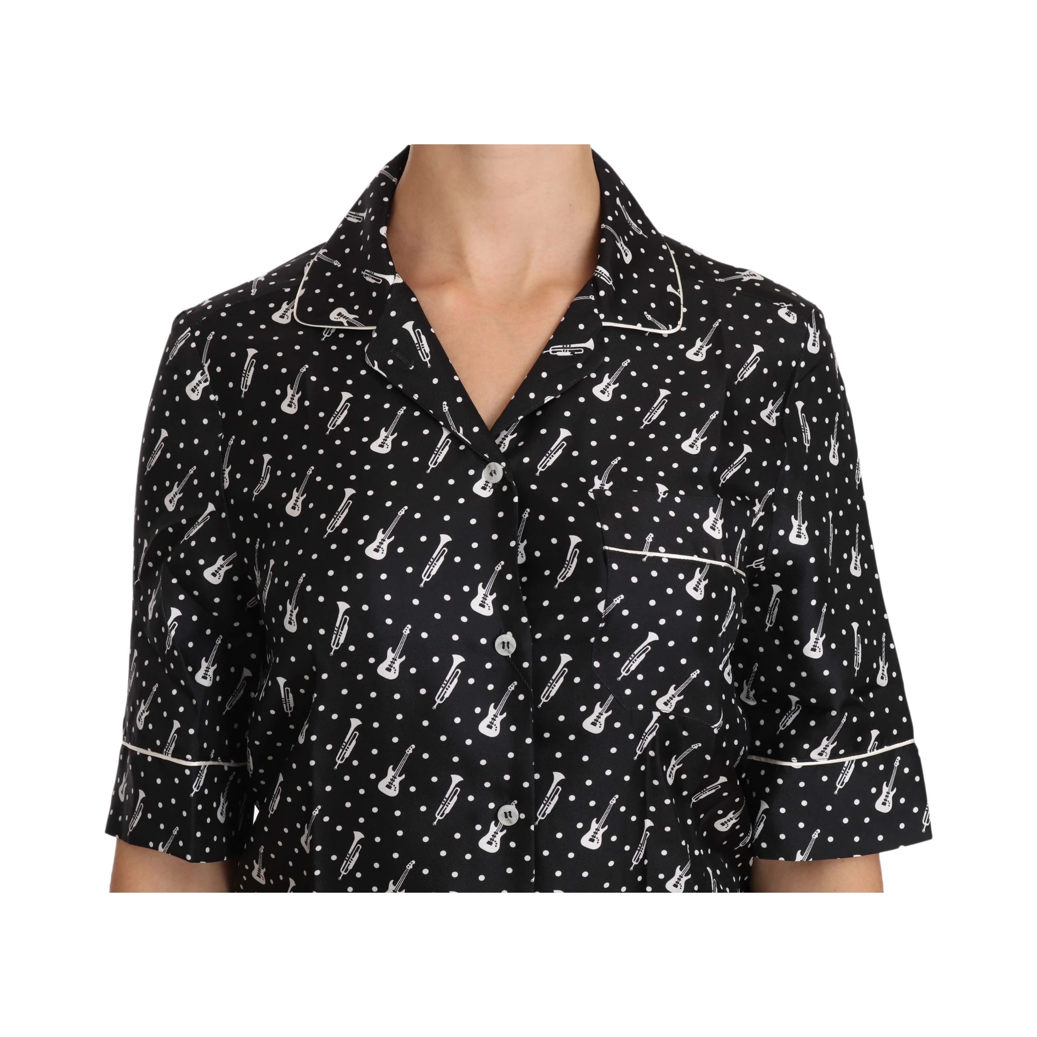Black GuitarTrumpet Print Silk Shirt Top