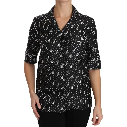 Black GuitarTrumpet Print Silk Shirt Top