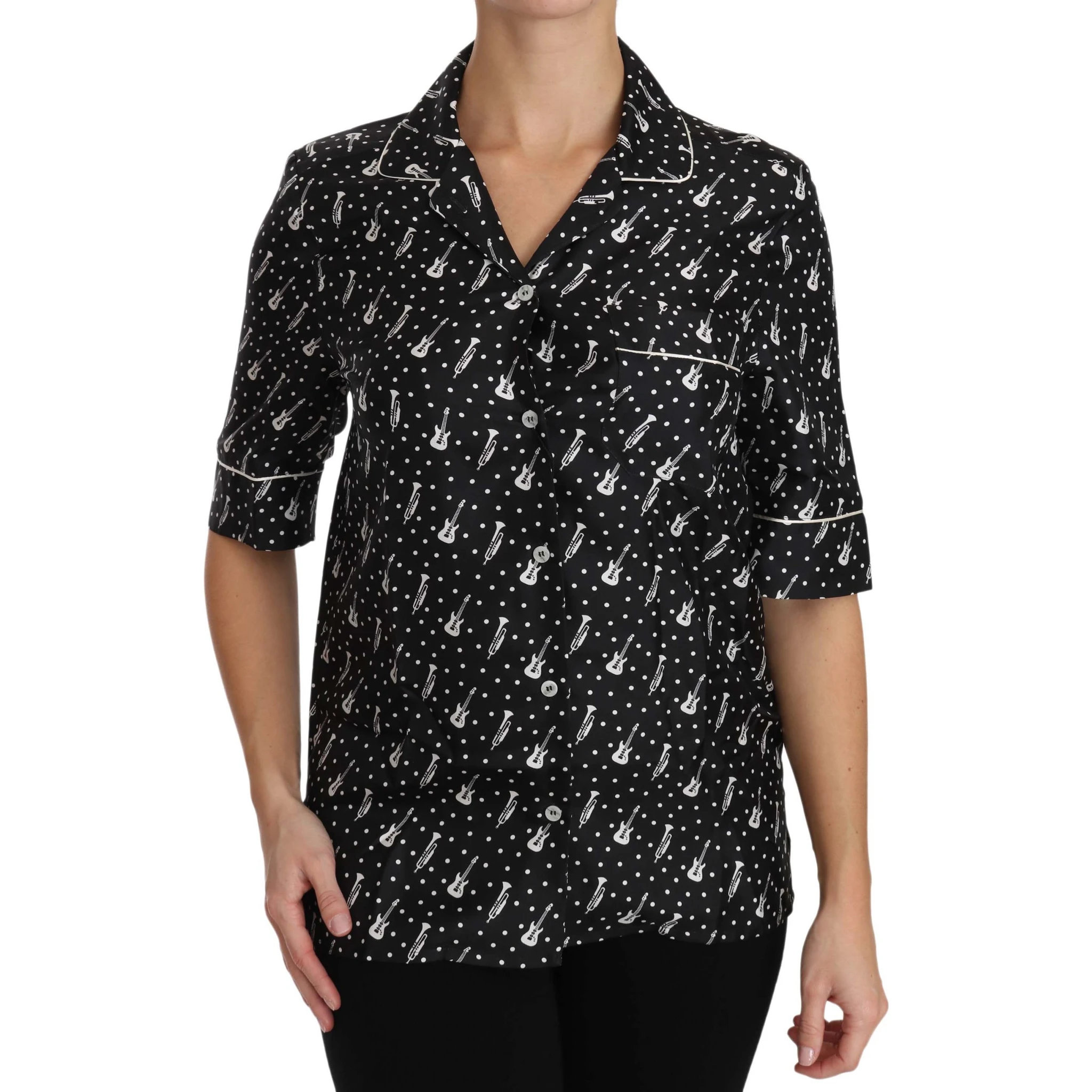 Black GuitarTrumpet Print Silk Shirt Top