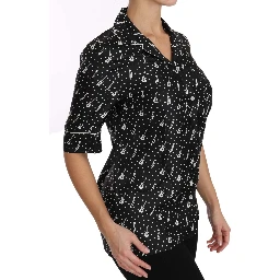 Black GuitarTrumpet Print Silk Shirt Top