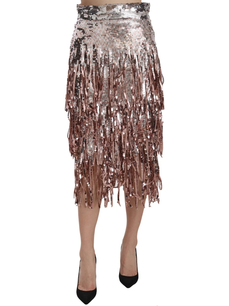 Sequin Embellished Fringe Midi Pencil Skirt