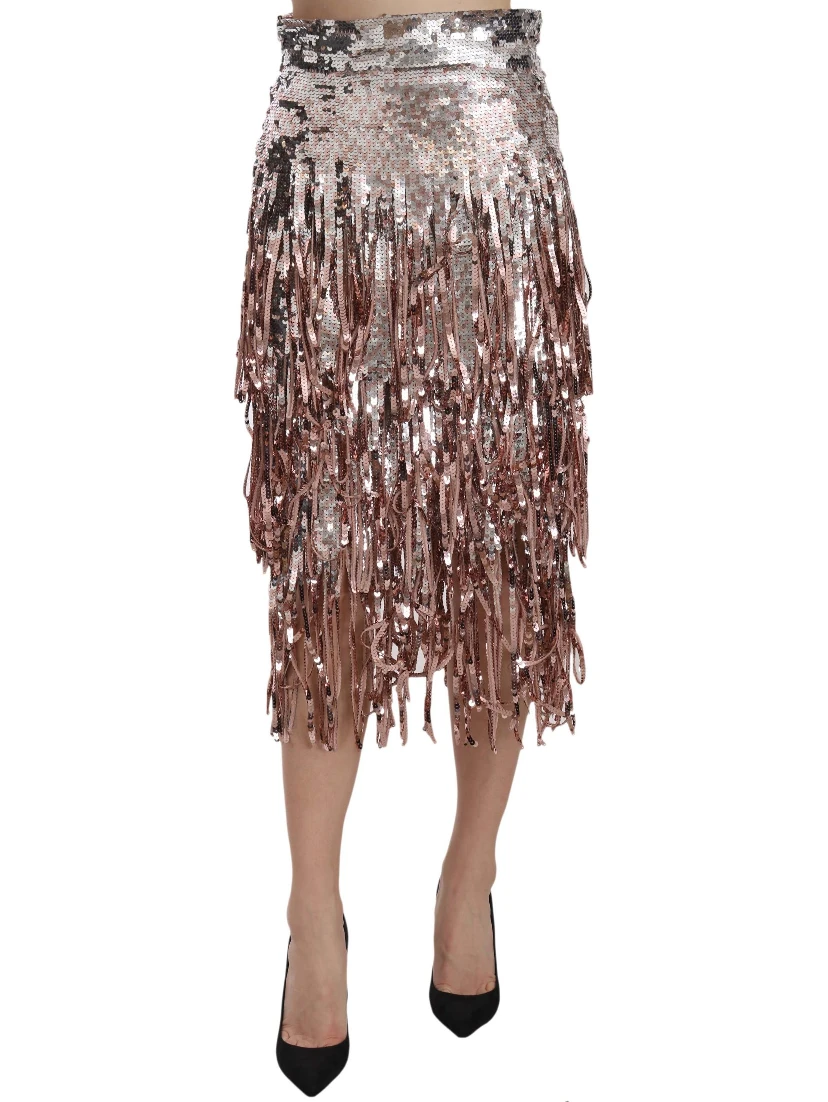 Sequin Embellished Fringe Midi Pencil Skirt