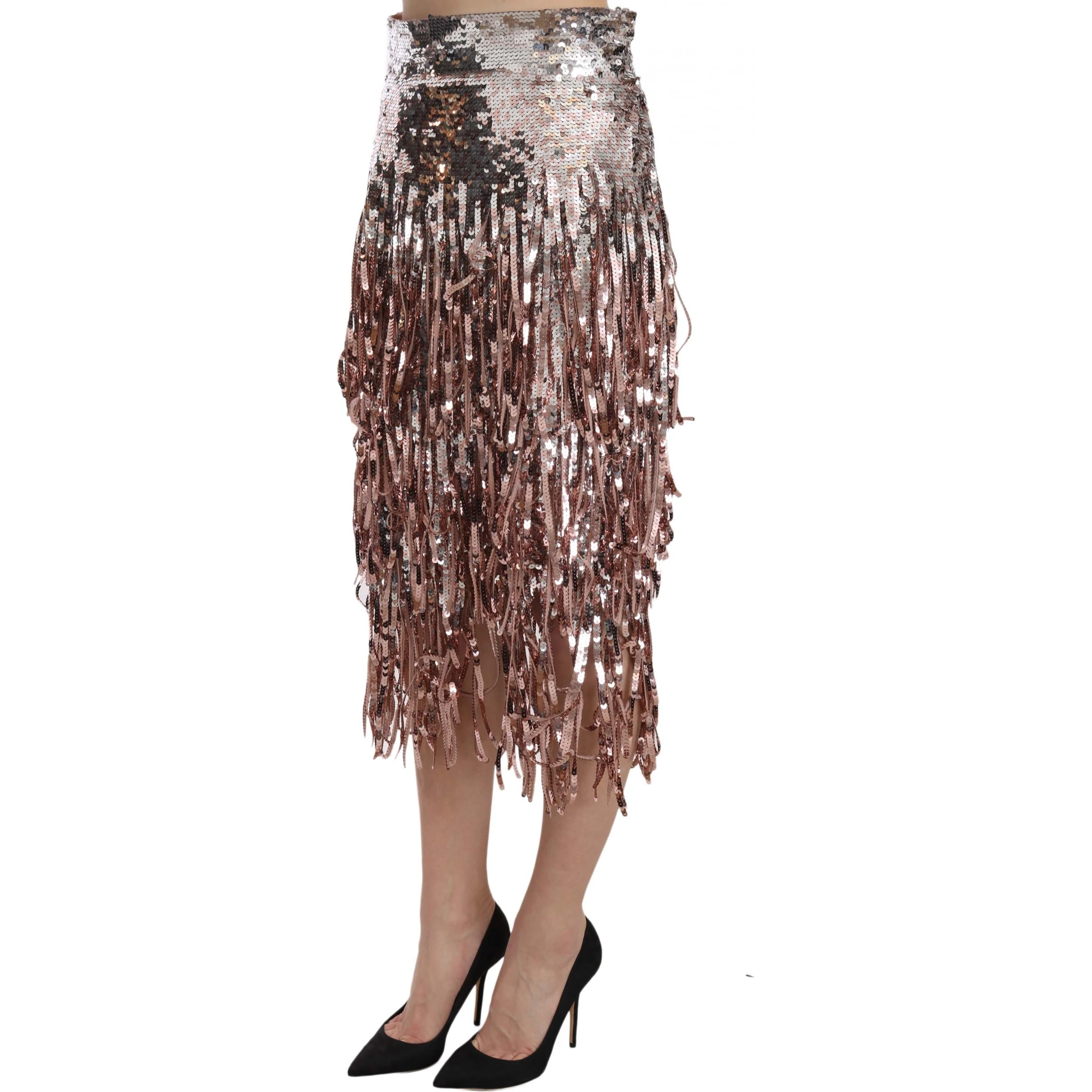 Sequin Embellished Fringe Midi Pencil Skirt