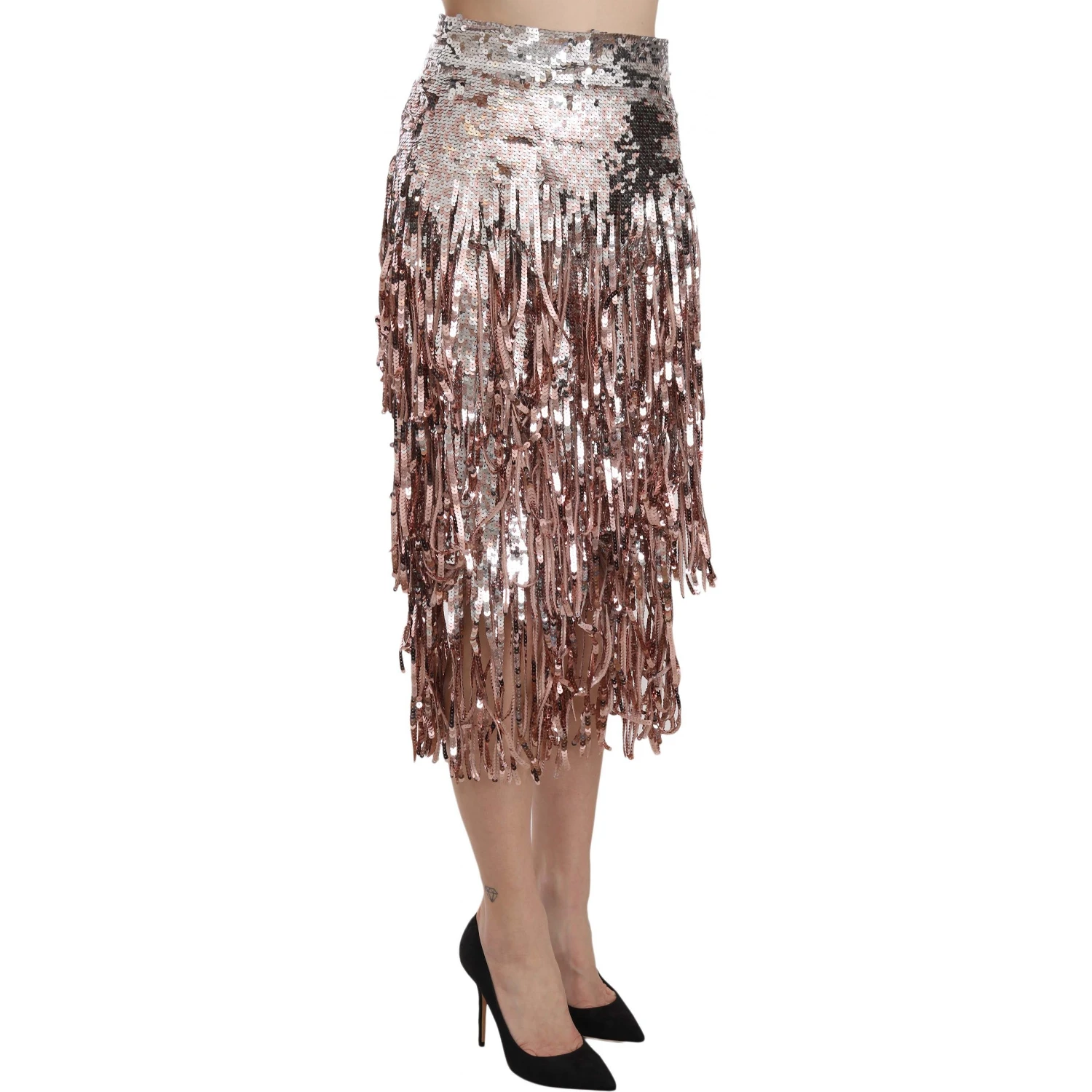 Sequin Embellished Fringe Midi Pencil Skirt