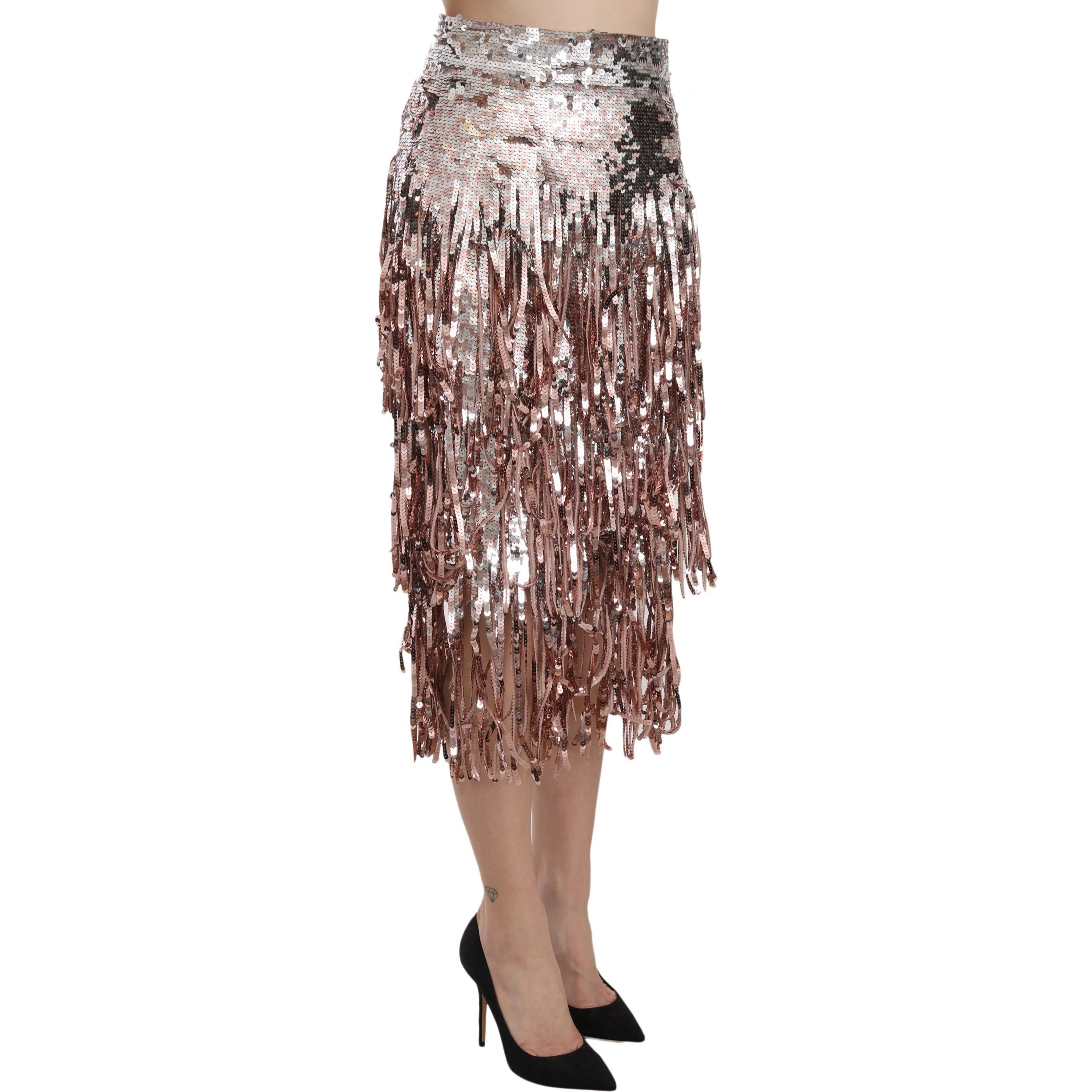 Sequin Embellished Fringe Midi Pencil Skirt