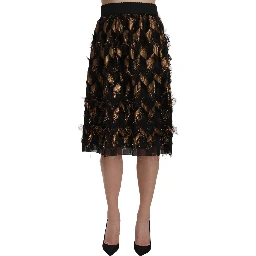 Black Gold Fringe Metallic Pencil A-line Skirt