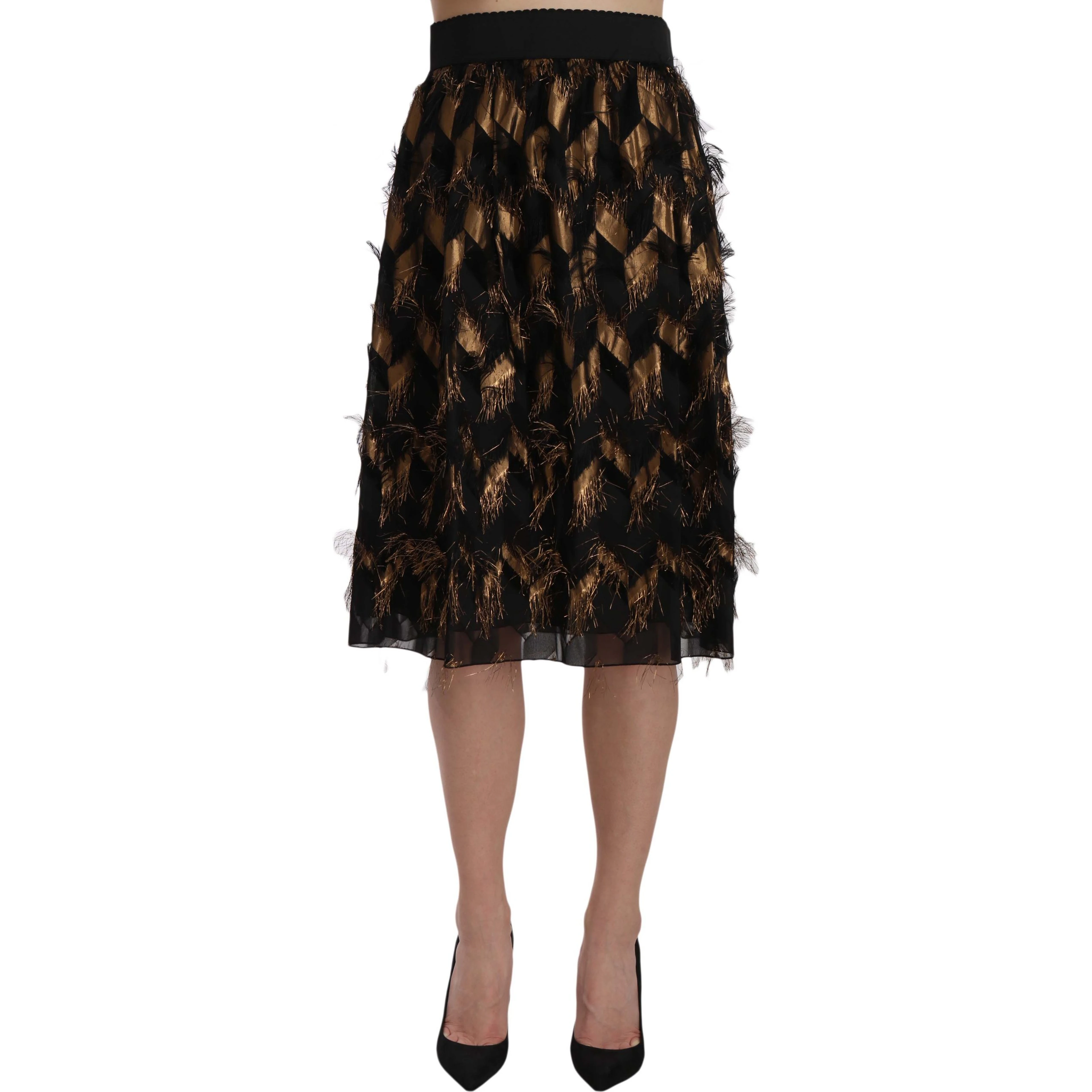 Black Gold Fringe Metallic Pencil A-line Skirt