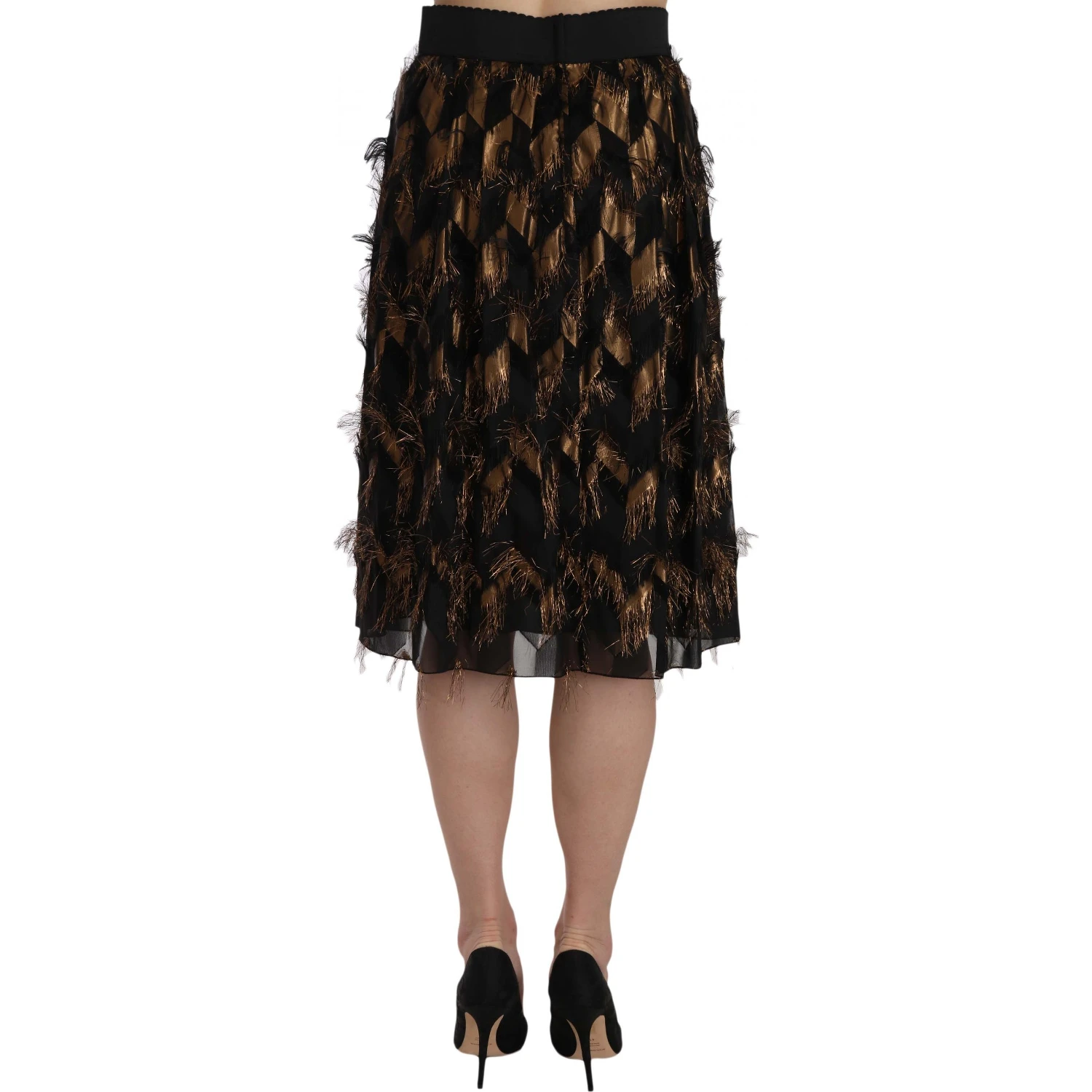 Black Gold Fringe Metallic Pencil A-line Skirt