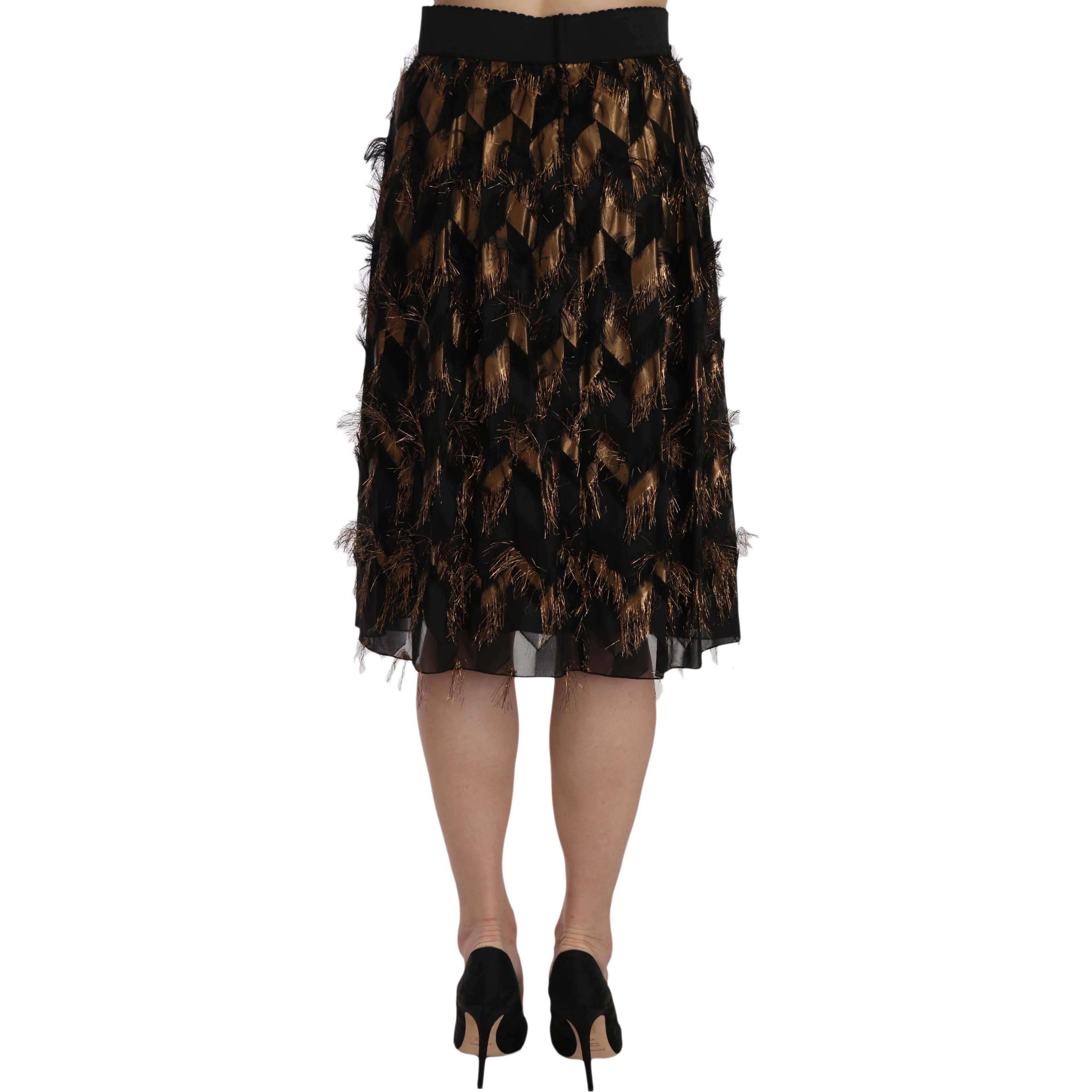 Black Gold Fringe Metallic Pencil A-line Skirt