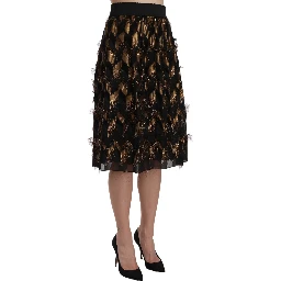 Black Gold Fringe Metallic Pencil A-line Skirt