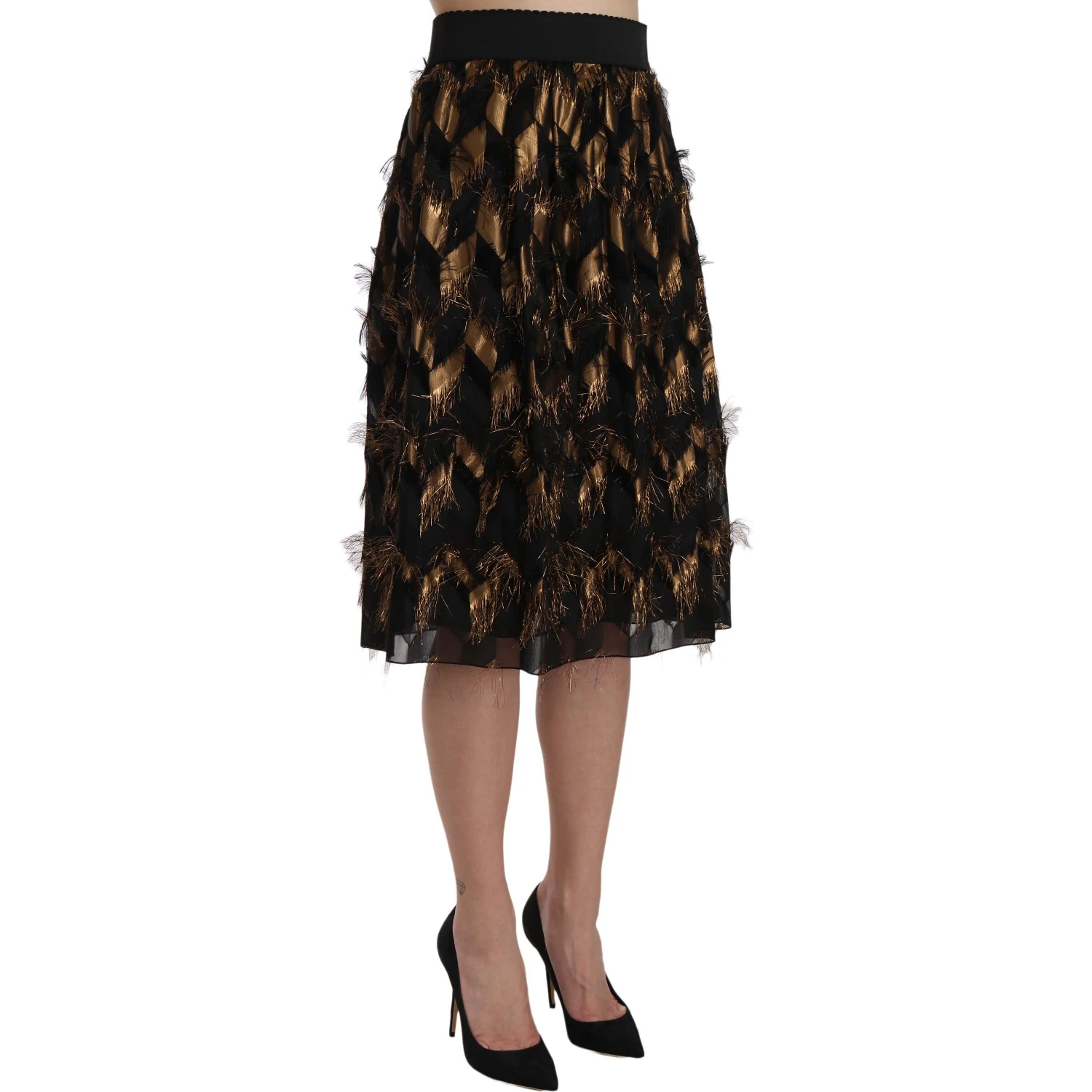 Black Gold Fringe Metallic Pencil A-line Skirt