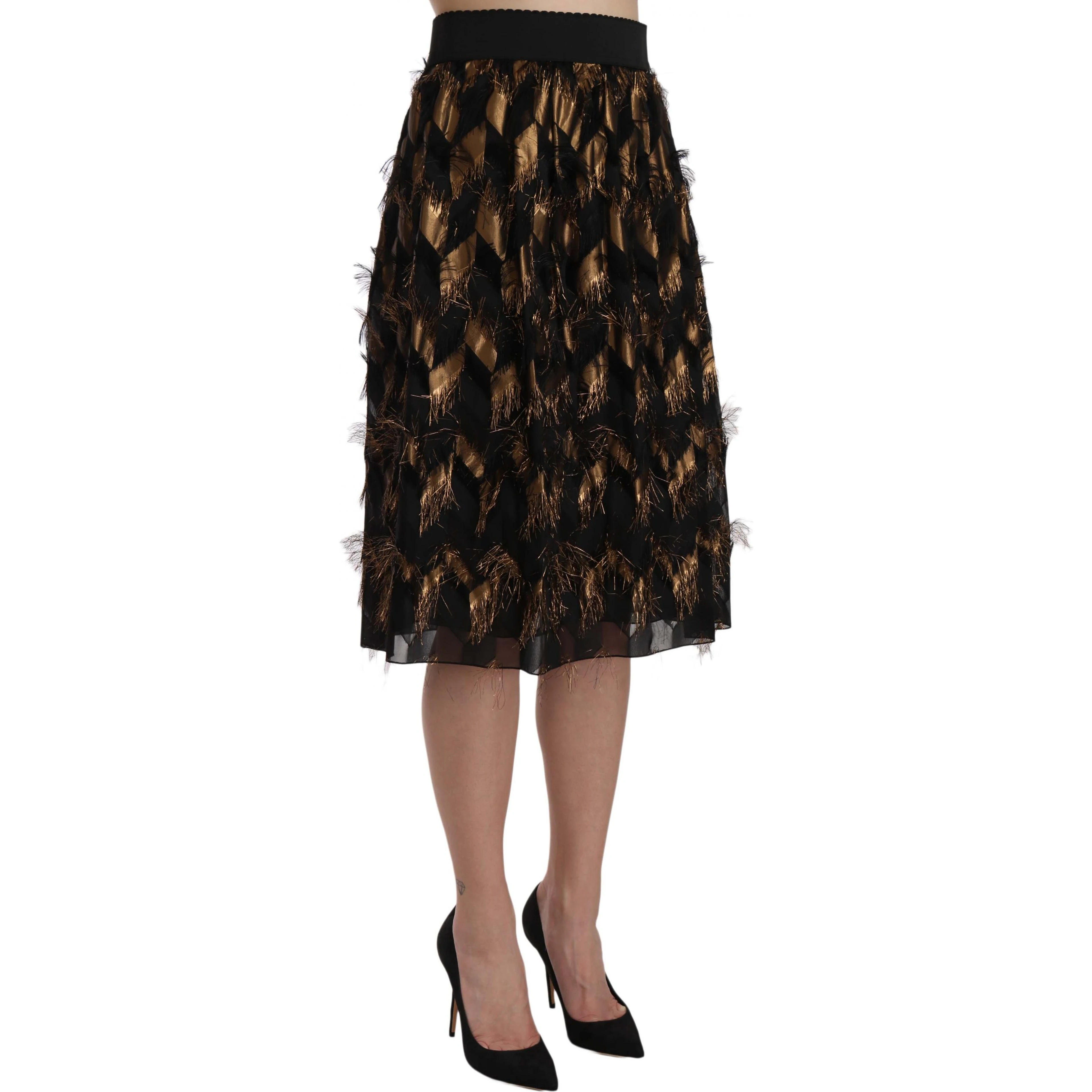 Black Gold Fringe Metallic Pencil A-line Skirt
