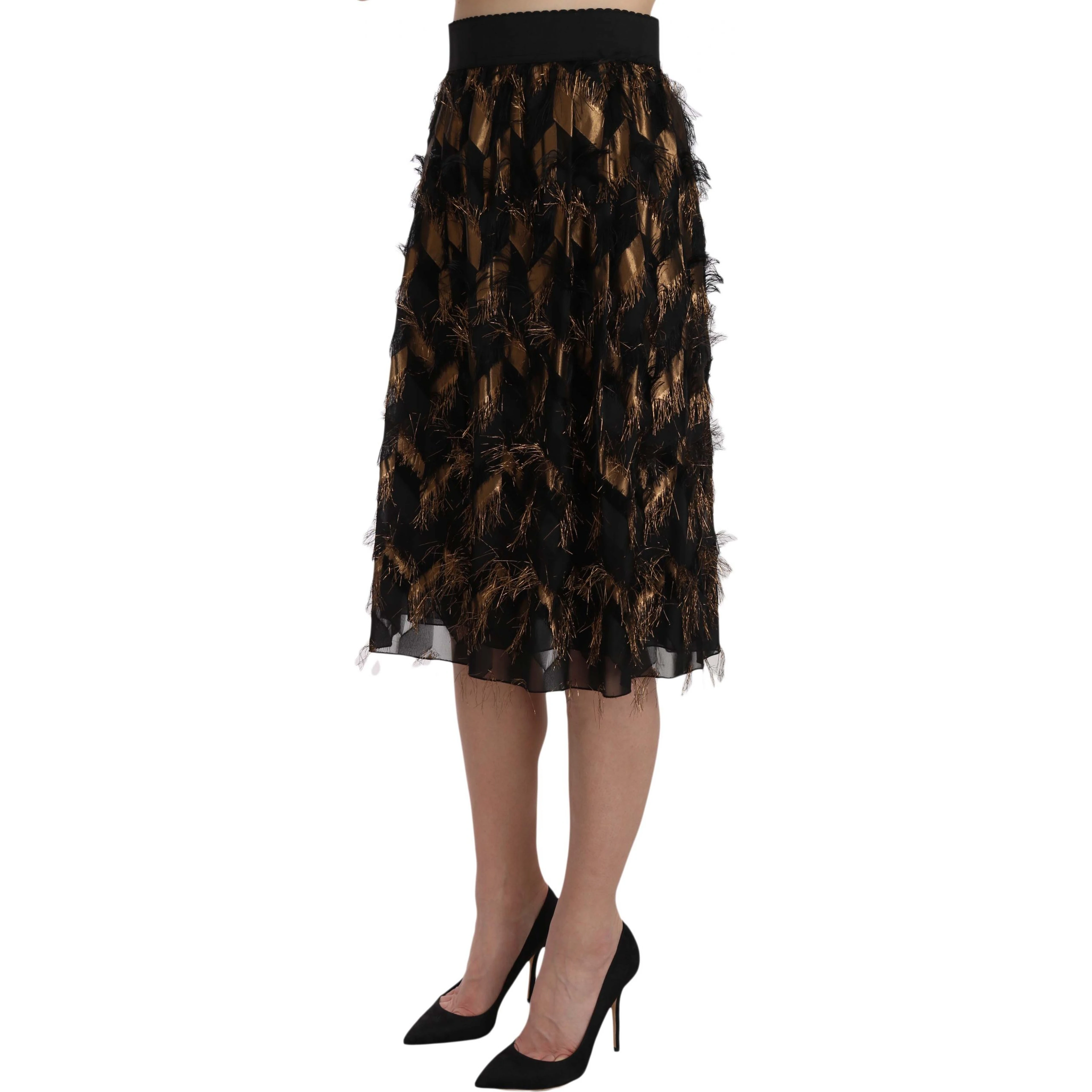 Black Gold Fringe Metallic Pencil A-line Skirt