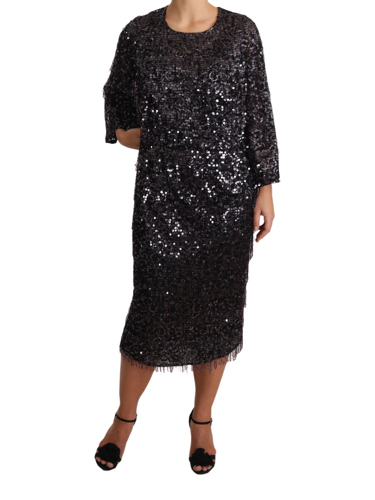 Black Sequined Long Sleeve Shift Midi Dress