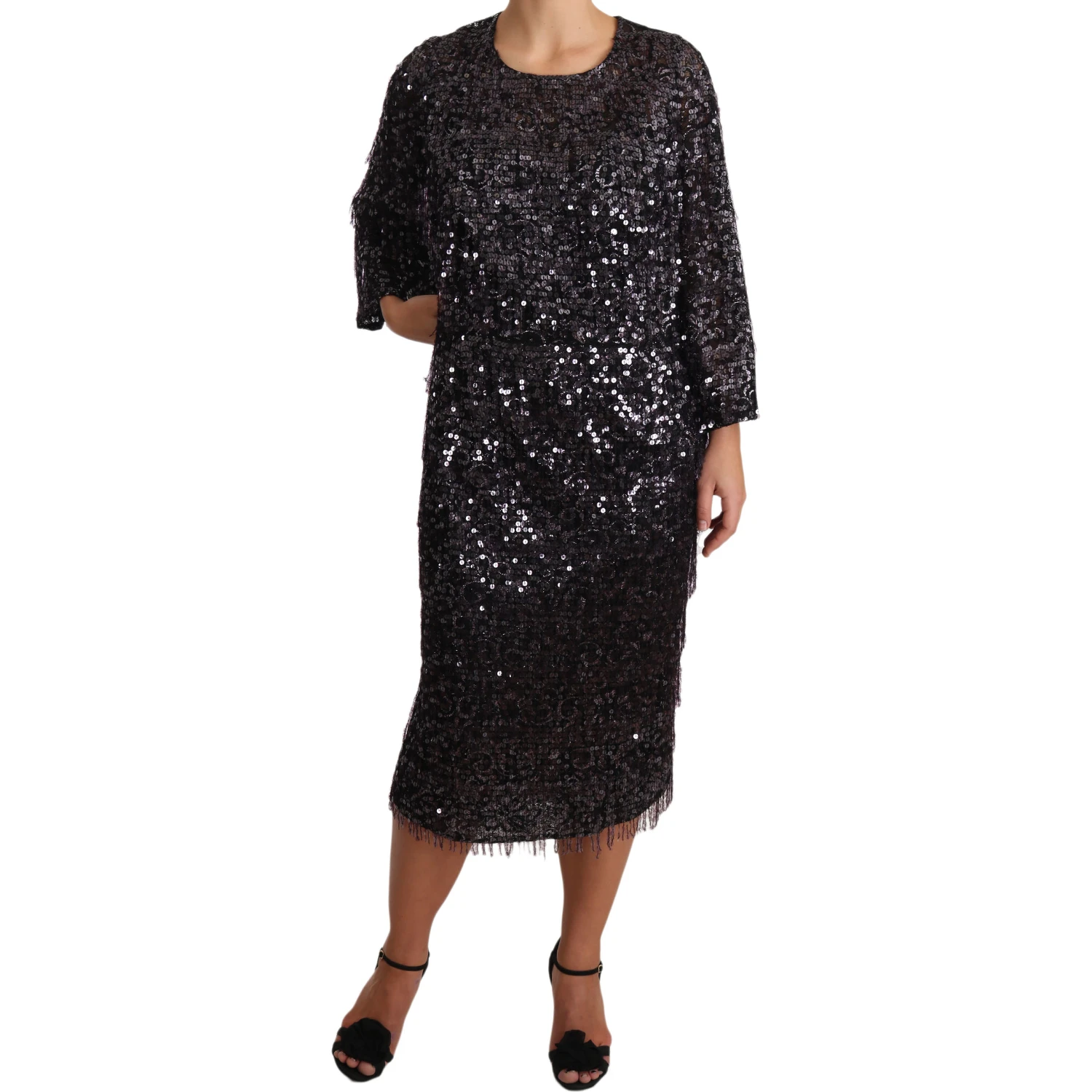 Black Sequined Long Sleeve Shift Midi Dress