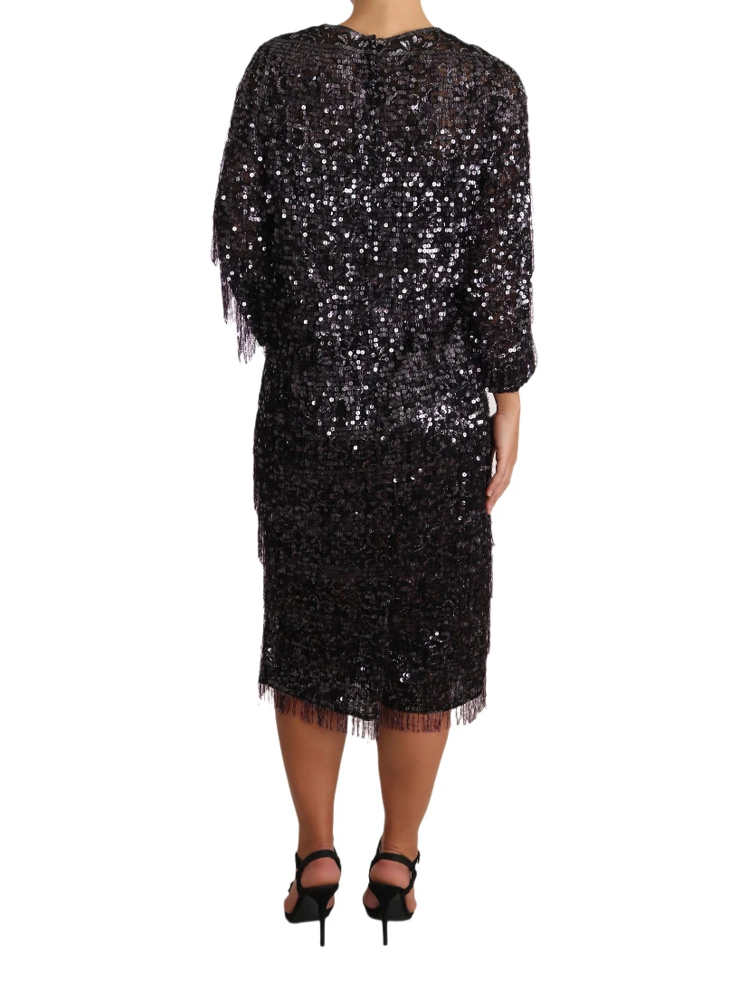 Black Sequined Long Sleeve Shift Midi Dress