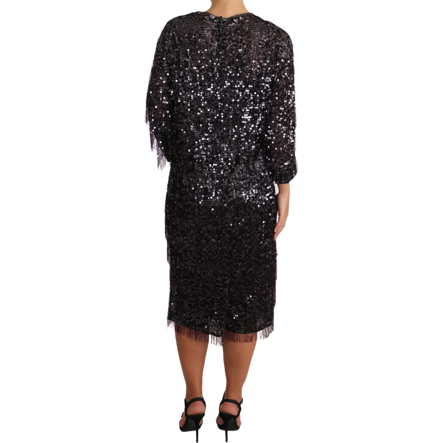 Black Sequined Long Sleeve Shift Midi Dress