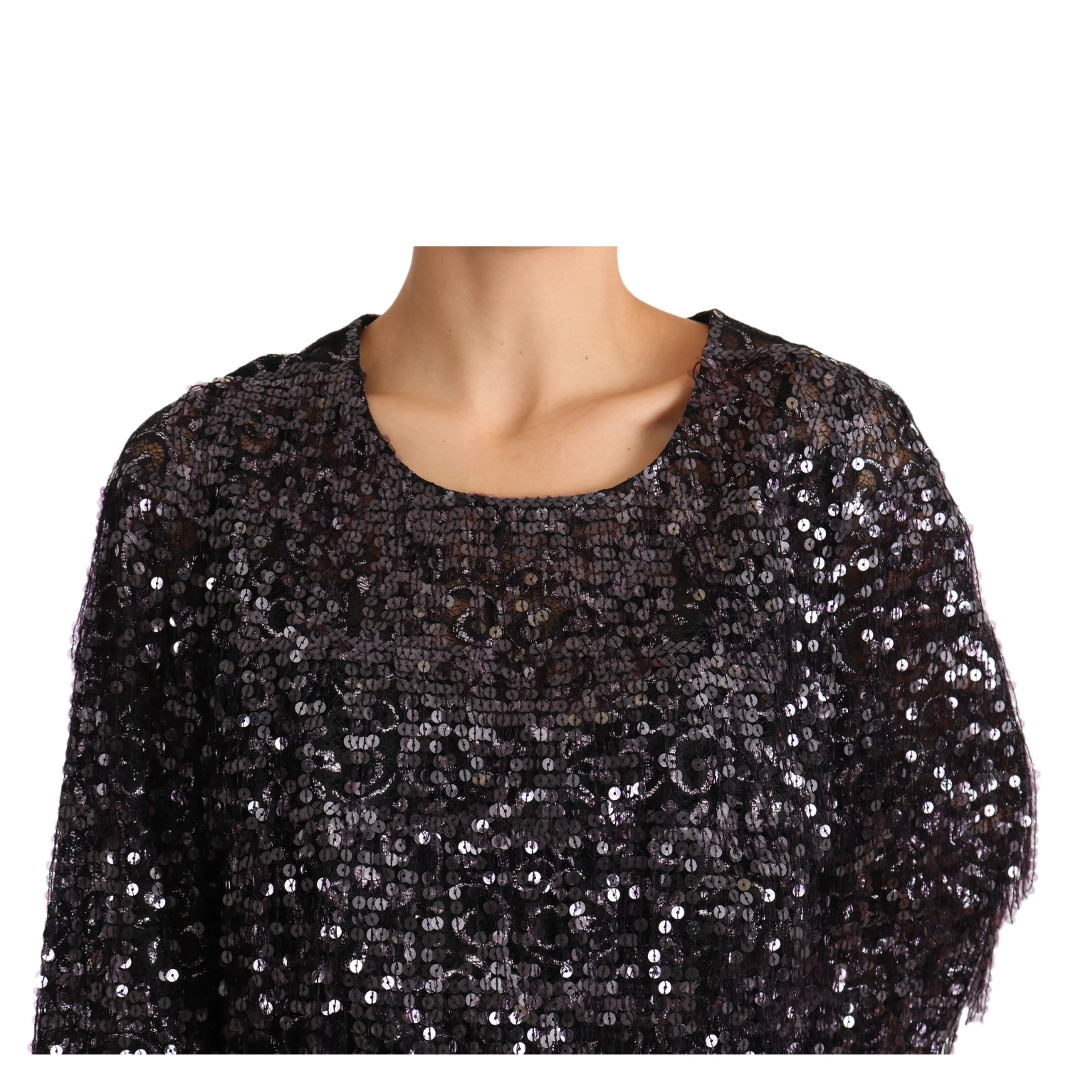 Black Sequined Long Sleeve Shift Midi Dress