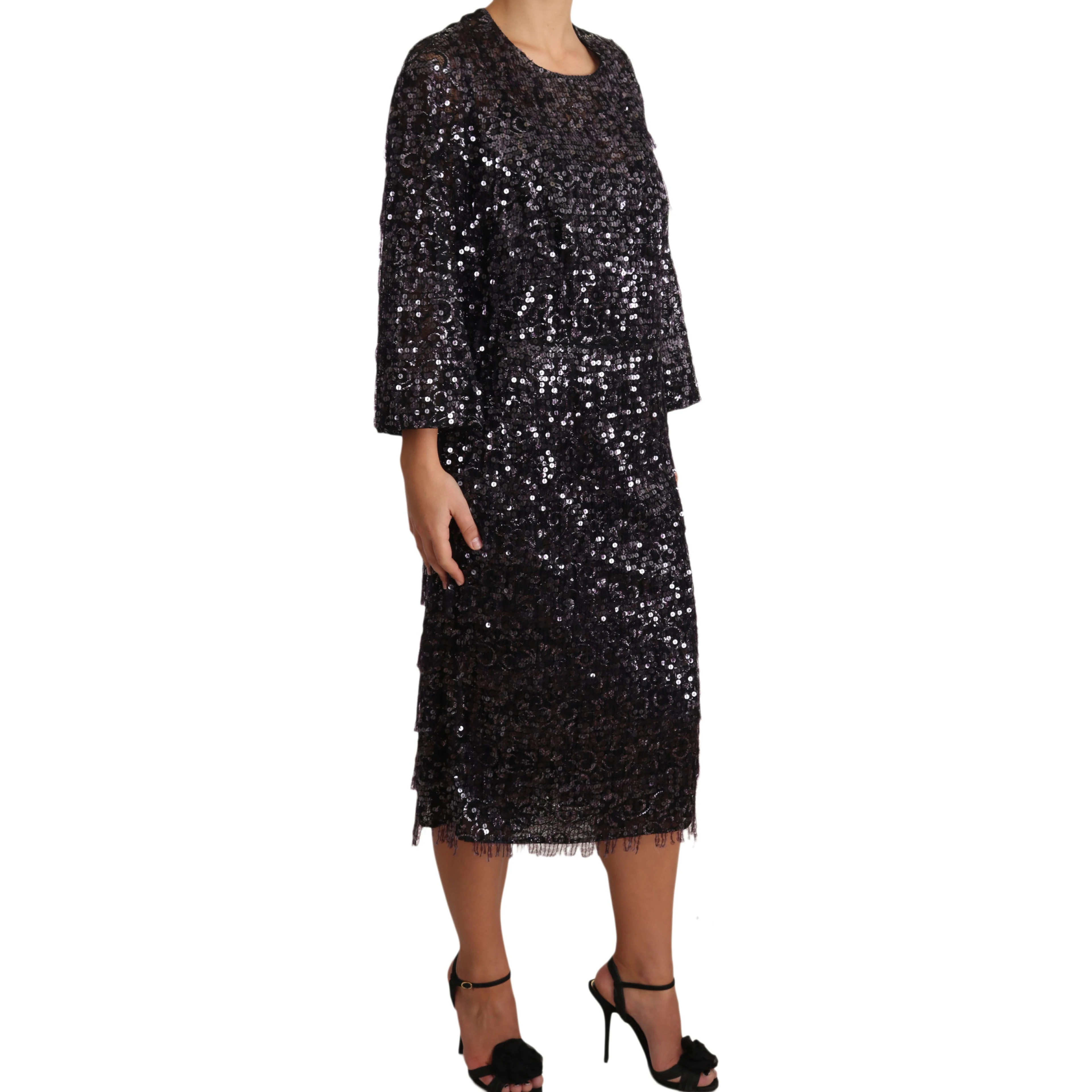 Black Sequined Long Sleeve Shift Midi Dress