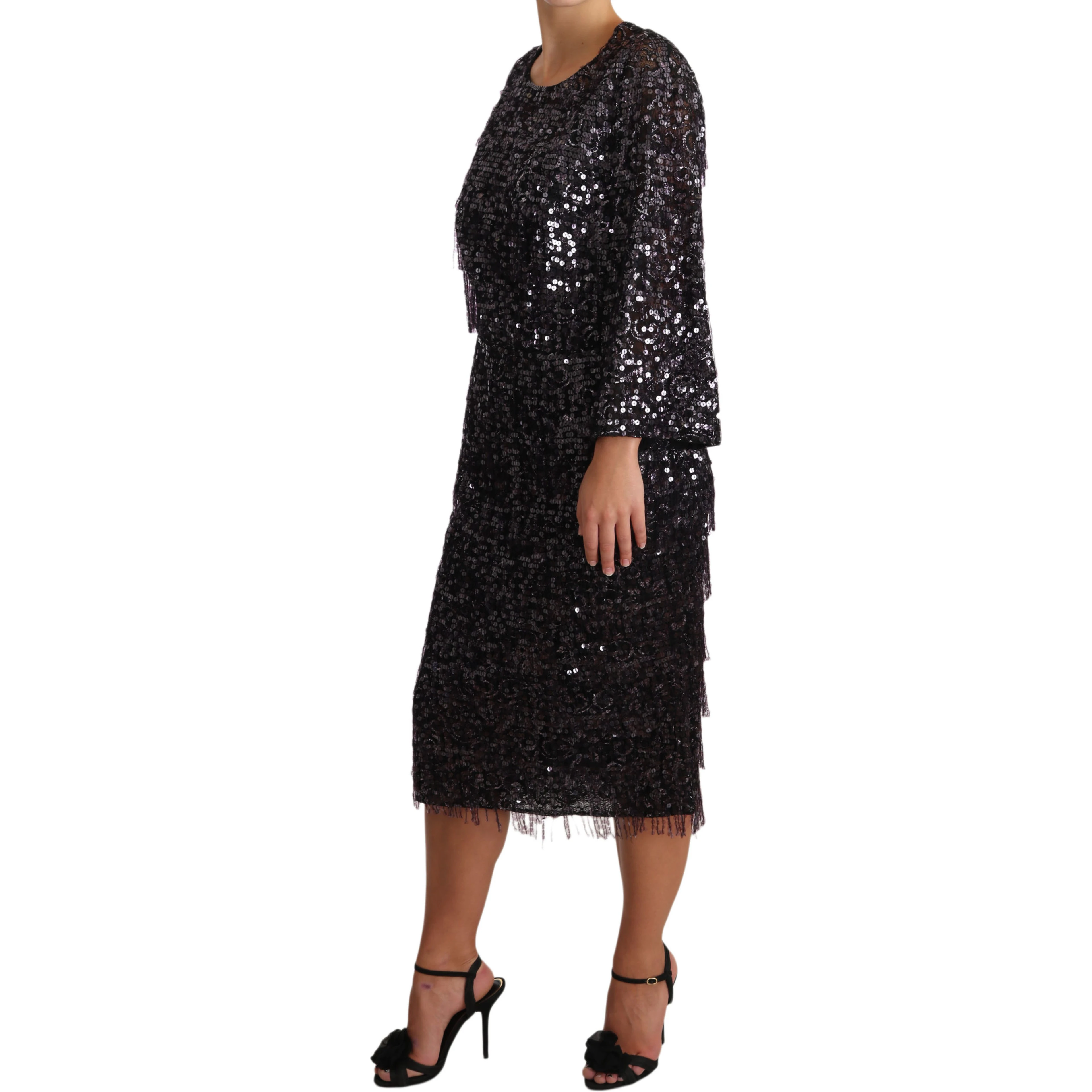 Black Sequined Long Sleeve Shift Midi Dress