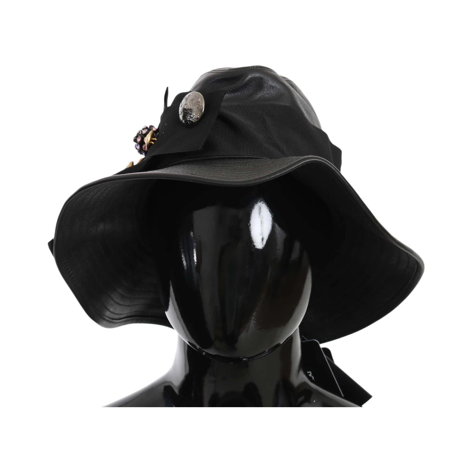 Black Leather DG Coin Crystal Wide Brim Hat