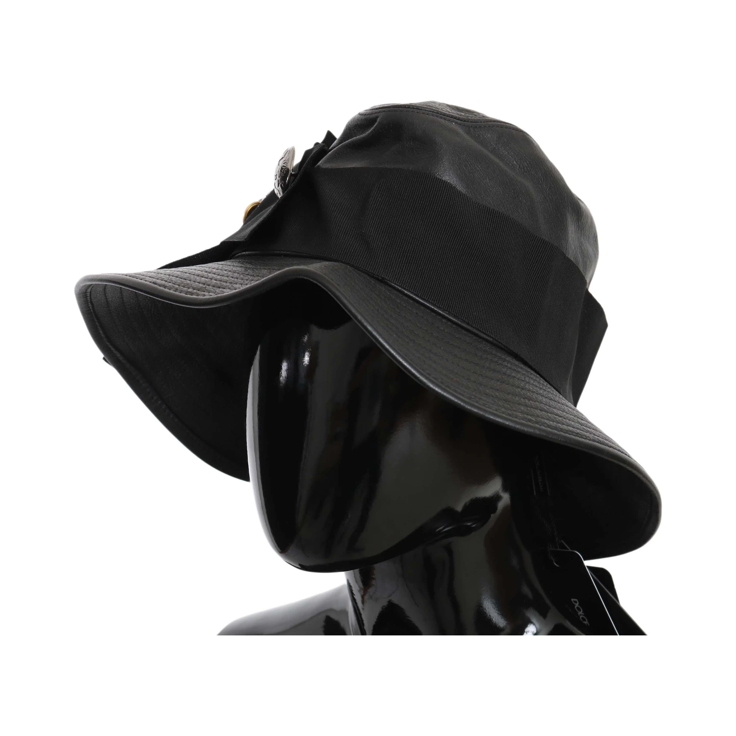 Black Leather DG Coin Crystal Wide Brim Hat