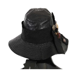 Black Leather DG Coin Crystal Wide Brim Hat