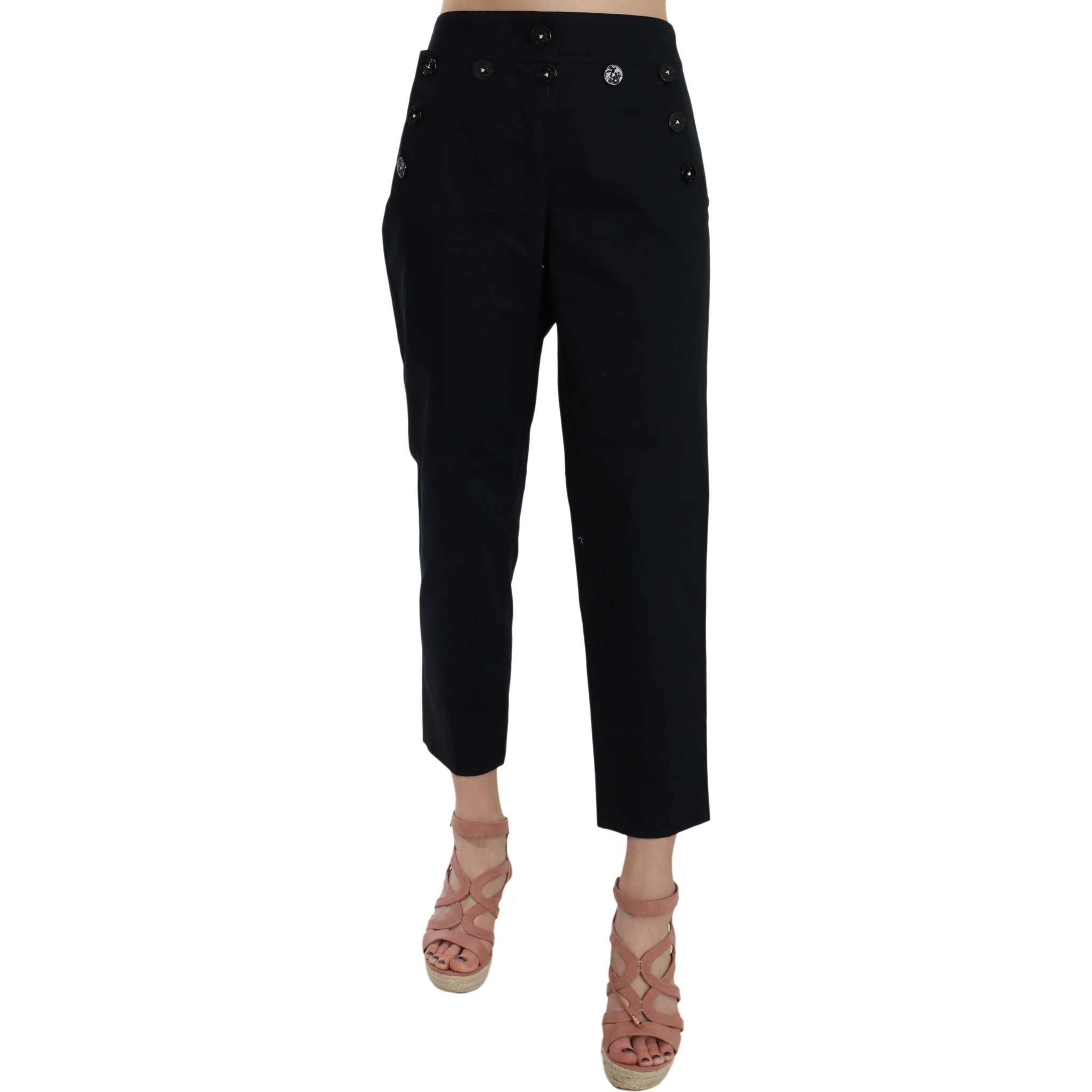 Black Cropped Front Button Embellished Pants
