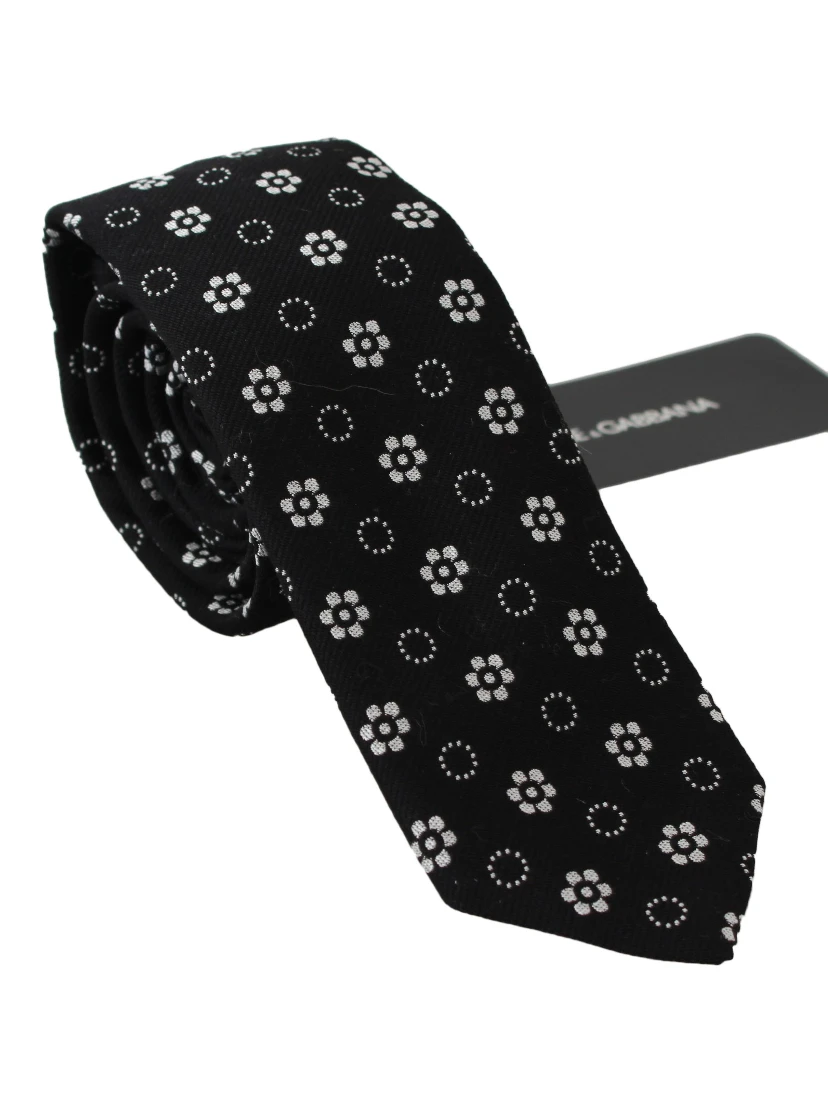Black 100% Silk Floral Print Print Classic Tie