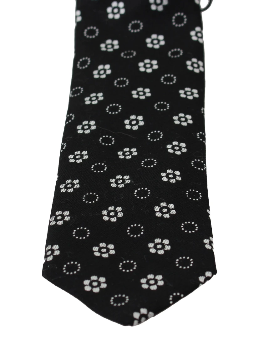 Black 100% Silk Floral Print Print Classic Tie