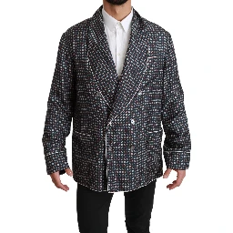 Navy Blue Patterned Double Breasted Coat Jacket